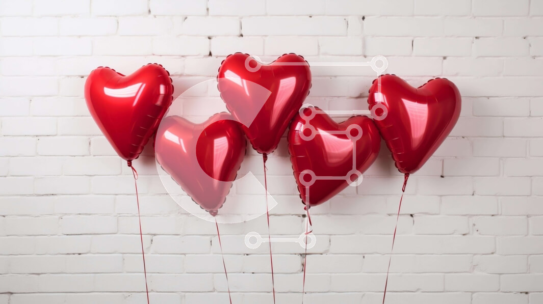 Intra Συλλεκτικό Ξύλινο Παζλ Plywood  4mm - Κόκκινα μπαλόνια σε σχήμα καρδιάς που κρέμονται σε λευκό τοίχο από τούβλα Σε Ξύλινο Κουτί - Διαστάσεις Puzzle: 10x10 cm – 25 κομμάτια