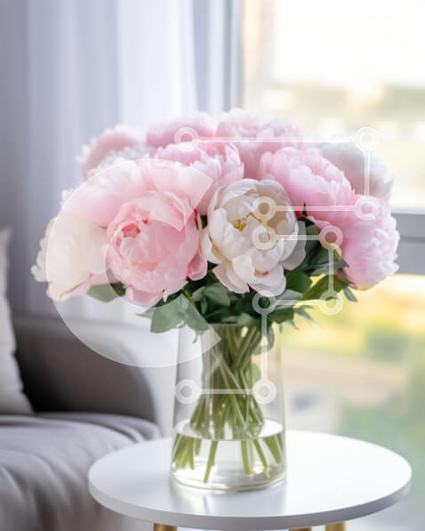 Intra Συλλεκτικό Ξύλινο Παζλ Plywood  4mm - Floral διάταξη από παιώνιες σε γυάλινο βάζο με ανοιχτό παράθυρο Σε Ξύλινο Κουτί - Διαστάσεις Puzzle: 10x10 cm – 25 κομμάτια