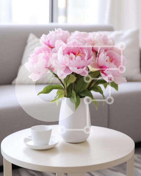 Intra Συλλεκτικό Ξύλινο Παζλ Plywood  4mm - Λευκό βάζο με ροζ λουλούδια και φλιτζάνι καφέ στο τραπεζάκι σαλονιού Σε Ξύλινο Κουτί - Διαστάσεις Puzzle: 10x10 cm – 25 κομμάτια