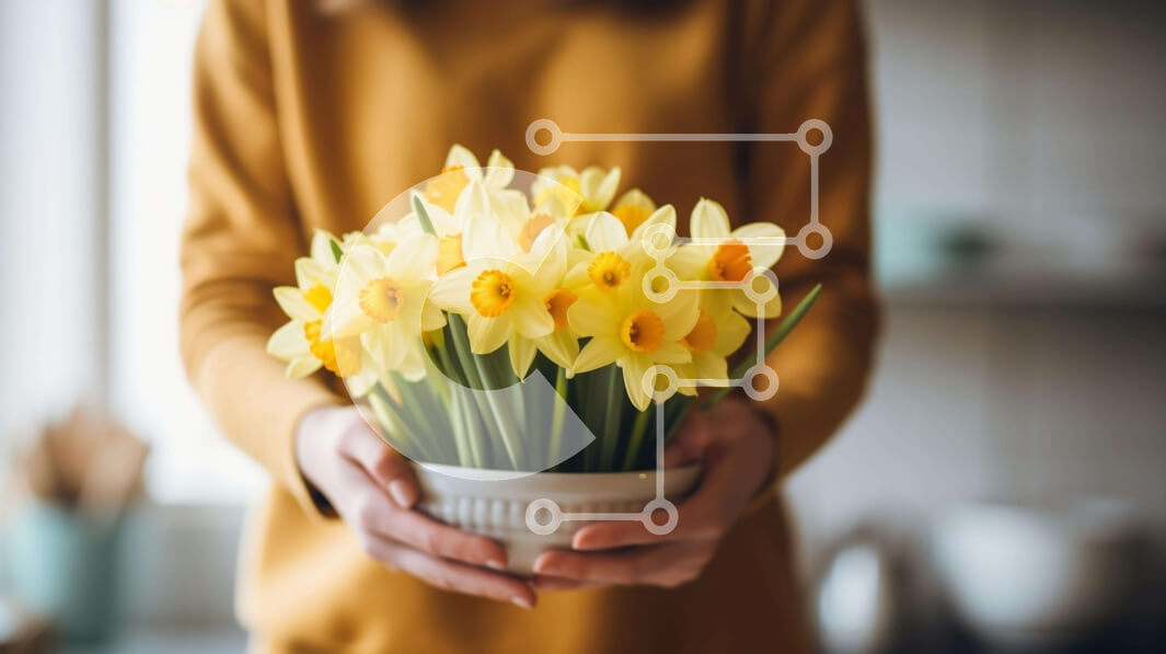 Intra Συλλεκτικό Ξύλινο Παζλ Plywood  4mm - Γυναίκα που κρατά φρέσκους κίτρινους νάρκισσους σε ένα μπολ Σε Ξύλινο Κουτί - Διαστάσεις: 10x10 cm – 25 κομμάτια