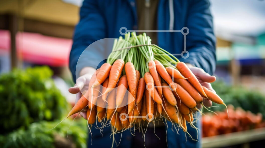 Σετ των 2 Intra Συλλεκτικό Ξύλινο Παζλ Plywood  4mm - Άτομο που κρατά φρέσκα καρότα σε μια υπαίθρια αγορά Σε Ξύλινο Κουτί - Διαστάσεις: 10x10 cm – 25 κομμάτια