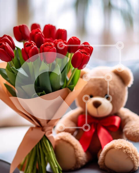 Intra Συλλεκτικό Ξύλινο Παζλ Plywood  4mm - Αρκουδάκι και κόκκινες τουλίπες Σε Ξύλινο Κουτί - Διαστάσεις: 10x10 cm – 25 κομμάτια