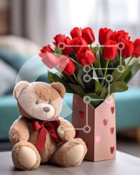 Intra Συλλεκτικό Ξύλινο Παζλ Plywood  4mm - Αρκουδάκι του Αγίου Βαλεντίνου με κόκκινες τουλίπες Σε Ξύλινο Κουτί - Διαστάσεις Puzzle: 10x10 cm – 25 κομμάτια