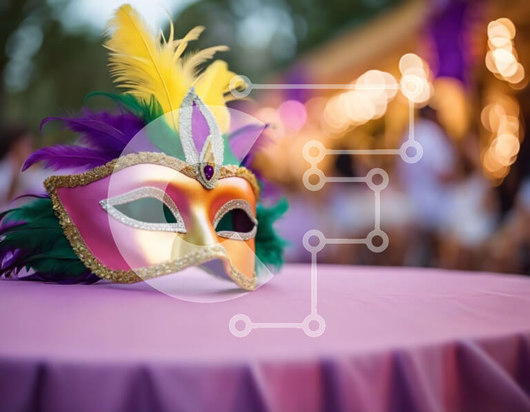 Intra Συλλεκτικό Ξύλινο Παζλ Plywood  4mm - Πολύχρωμη μάσκα Mardi Gras σε ένα μωβ τραπεζομάντιλο Σε Ξύλινο Κουτί - Διαστάσεις: 10x10 cm – 25 κομμάτια