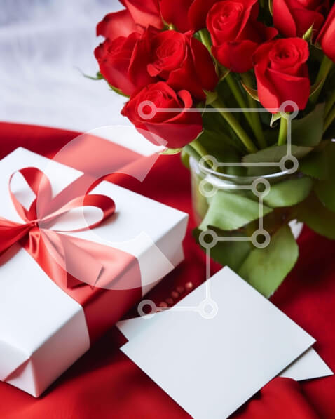 Intra Συλλεκτικό Ξύλινο Παζλ Plywood  4mm - Μπουκέτο για την Ημέρα του Αγίου Βαλεντίνου με κόκκινα τριαντάφυλλα με κουτί δώρου και λευκές κάρτες Σε Ξύλινο Κουτί - Διαστάσεις Puzzle: 10x10 cm – 25 κομμάτια