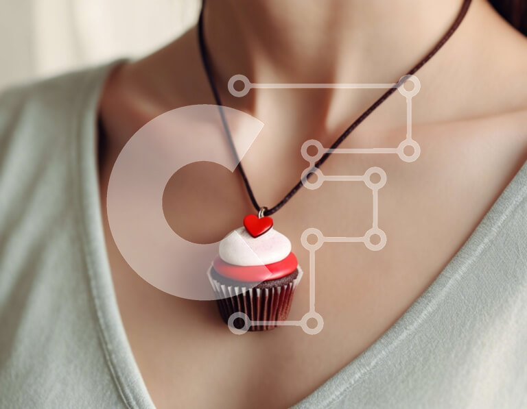 Intra Συλλεκτικό Ξύλινο Παζλ Plywood  4mm - Γυναίκα που φορά κόκκινο και άσπρο κολιέ Cupcake Σε Ξύλινο Κουτί - Διαστάσεις Puzzle: 10x10 cm – 25 κομμάτια