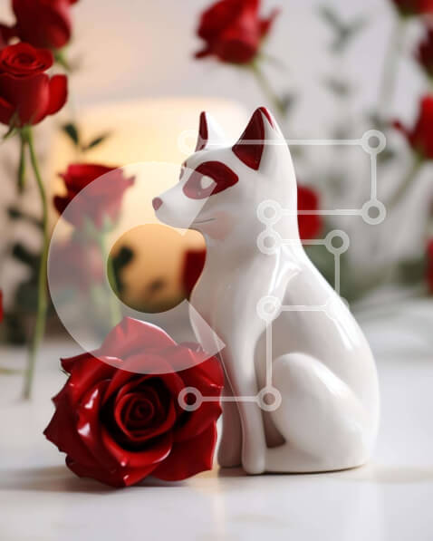 Intra Συλλεκτικό Ξύλινο Παζλ Plywood  4mm - Λευκό κεραμικό ειδώλιο σκύλου με κόκκινα τριαντάφυλλα και κεριά Σε Ξύλινο Κουτί - Διαστάσεις Puzzle: 10x10 cm – 25 κομμάτια