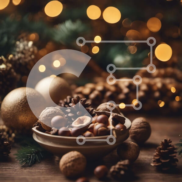 Intra Συλλεκτικό Ξύλινο Παζλ Plywood  4mm - Μπολ με ξηρούς καρπούς, κουκουνάρια και στολίδια σε ένα διακοσμημένο ξύλινο τραπέζι Σε Ξύλινο Κουτί - Διαστάσεις: 10x10 cm – 25 κομμάτια