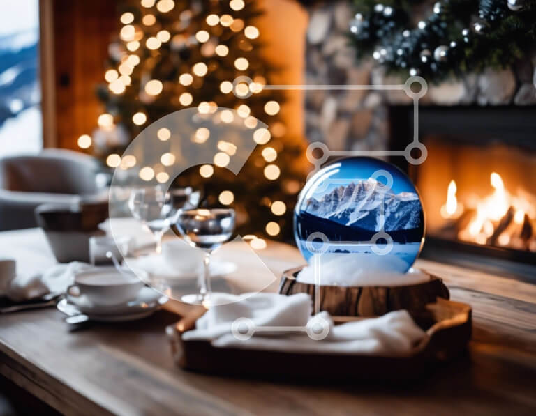 Intra Συλλεκτικό Ξύλινο Παζλ Plywood  4mm - Snow Globe στο τραπέζι φαγητού με χριστουγεννιάτικα στολίδια Σε Ξύλινο Κουτί - Διαστάσεις Puzzle: 10x10 cm – 25 κομμάτια