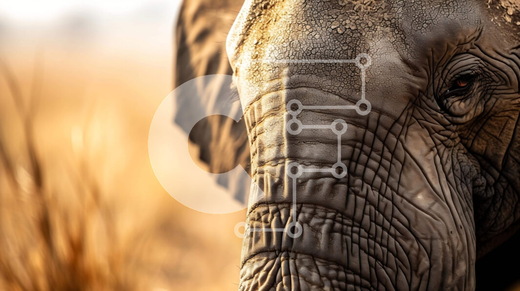 Σετ των 2 Intra Συλλεκτικό Ξύλινο Παζλ Plywood  4mm - Κοντινό πλάνο του προσώπου του ελέφαντα σε ένα χορταριασμένο χωράφι Σε Ξύλινο Κουτί - Διαστάσεις: 10x10 cm – 25 κομμάτια