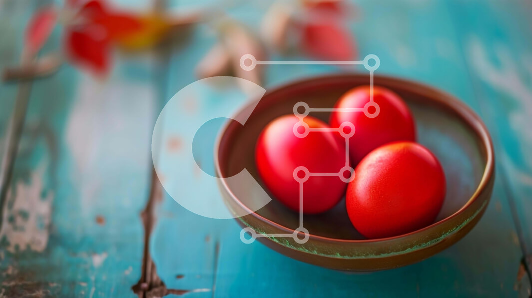 Intra Συλλεκτικό Ξύλινο Παζλ Plywood  4mm - Κόκκινα Πασχαλινά αυγά σε μπολ σε μπλε ξύλινο τραπέζι Σε Ξύλινο Κουτί - Διαστάσεις: 10x10 cm – 25 κομμάτια