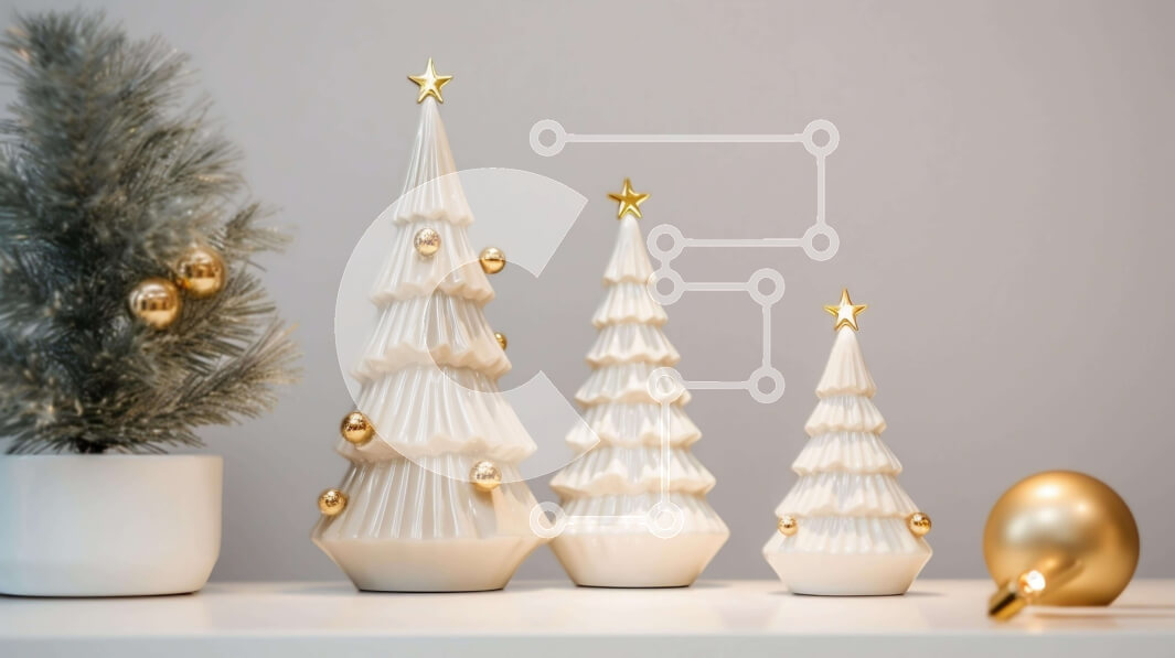 Intra Συλλεκτικό Ξύλινο Παζλ Plywood  4mm - Λευκά κεραμικά χριστουγεννιάτικα δέντρα με χρυσά στολίδια Σε Ξύλινο Κουτί - Διαστάσεις: 10x10 cm – 25 κομμάτια