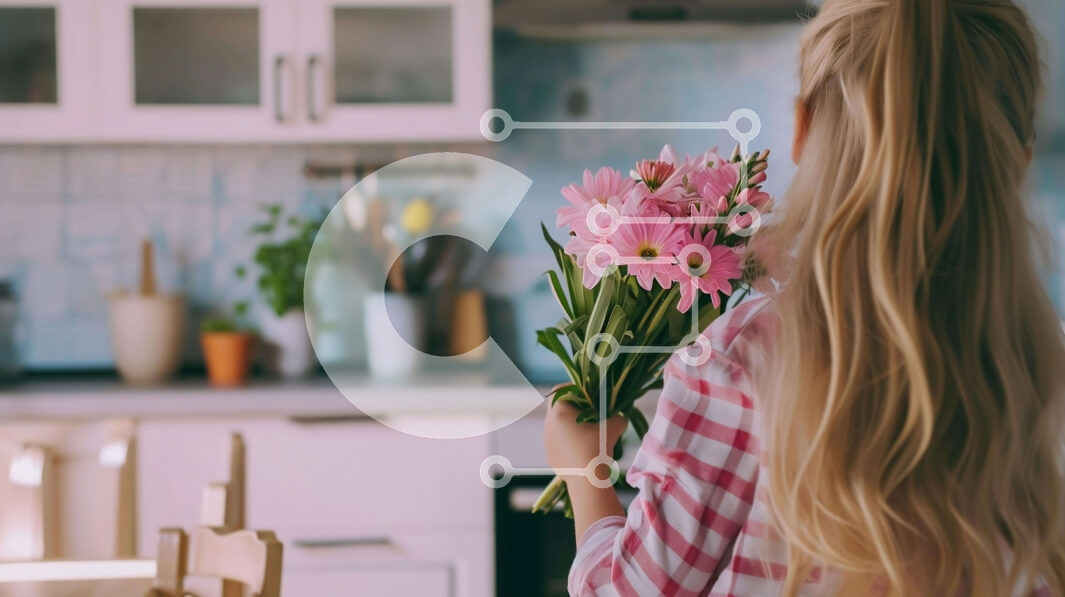 Intra Συλλεκτικό Ξύλινο Παζλ Plywood  4mm - Γυναίκα που κρατά ροζ λουλούδια στην κουζίνα Σε Ξύλινο Κουτί - Διαστάσεις Puzzle: 10x10 cm – 25 κομμάτια