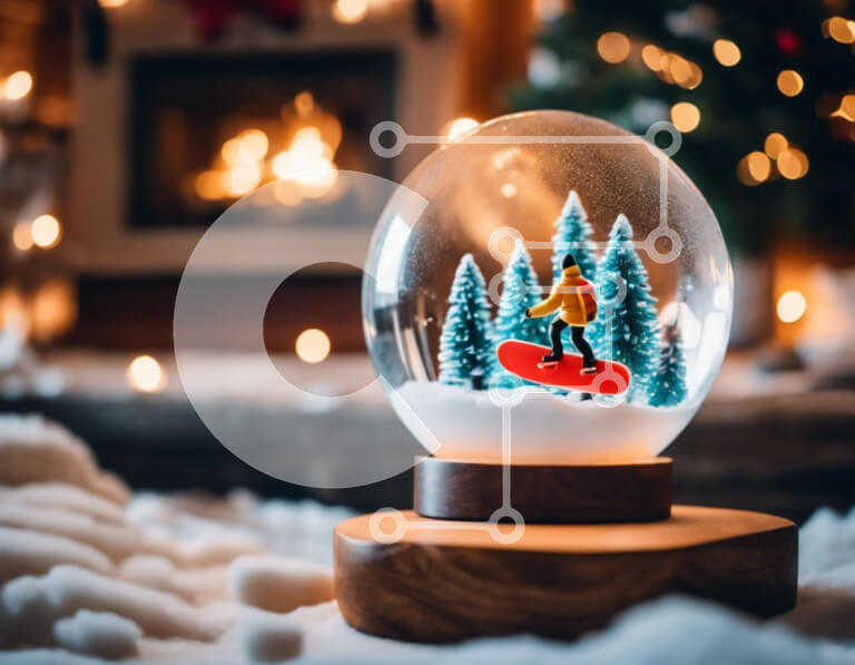 Intra Συλλεκτικό Ξύλινο Παζλ Plywood  4mm - Snow Globe με Snowboarder στολίδι και τζάκι Σε Ξύλινο Κουτί - Διαστάσεις Puzzle: 10x10 cm – 25 κομμάτια
