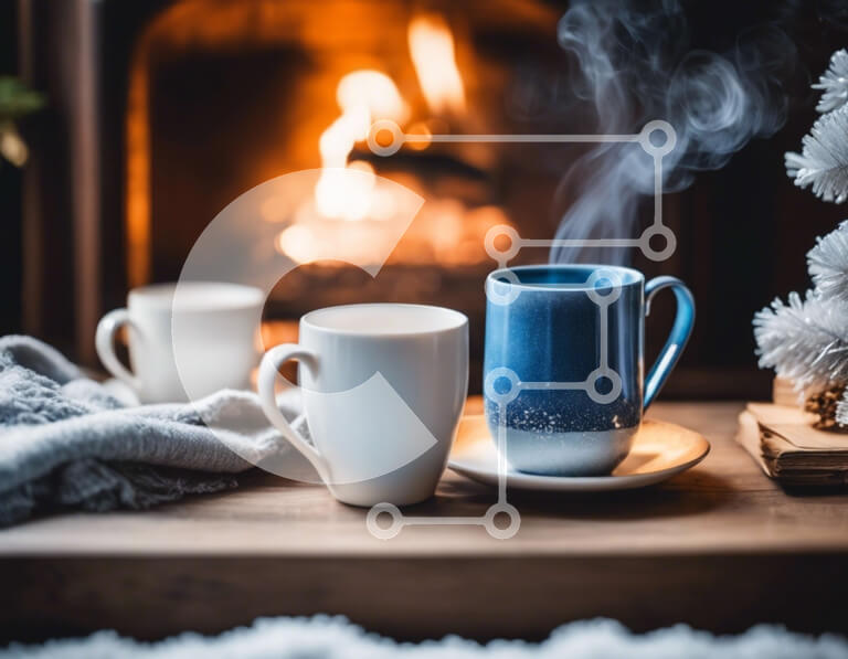 Intra Συλλεκτικό Ξύλινο Παζλ Plywood  4mm - Κούπες καφέ σε ξύλινο τραπέζι με τζάκι Σε Ξύλινο Κουτί - Διαστάσεις Puzzle: 10x10 cm – 25 κομμάτια