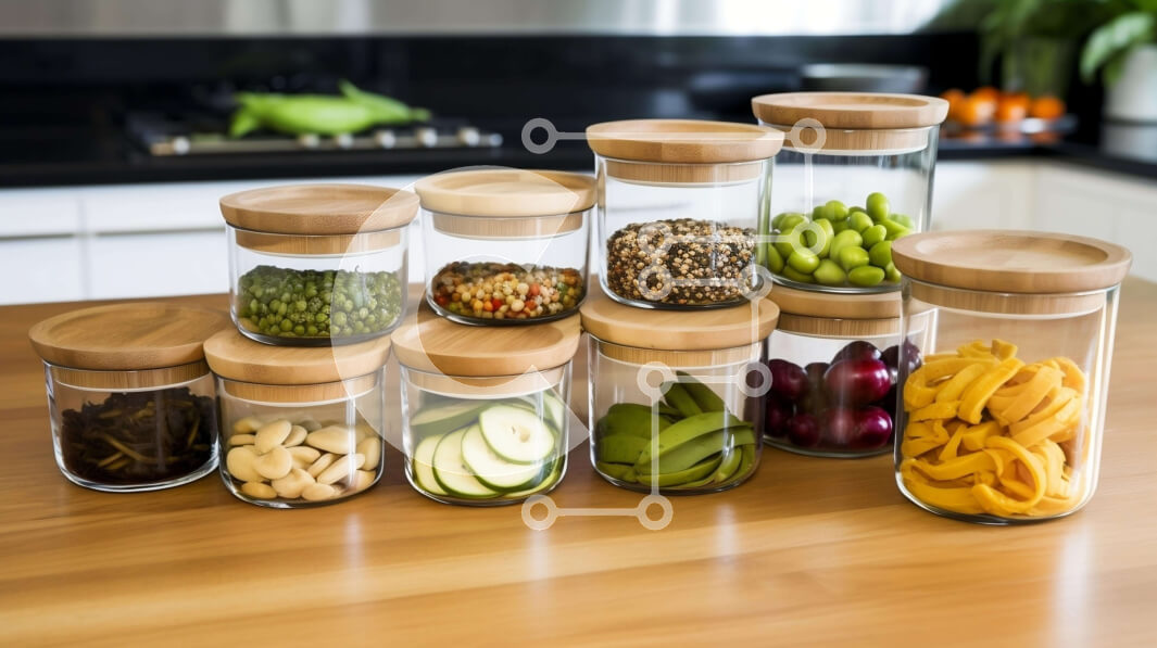 Σετ των 2 Intra Συλλεκτικό Ξύλινο Παζλ Plywood  4mm - Πάγκος κουζίνας με γυάλινα βάζα φρούτων και λαχανικών Σε Ξύλινο Κουτί - Διαστάσεις: 10x10 cm – 25 κομμάτια