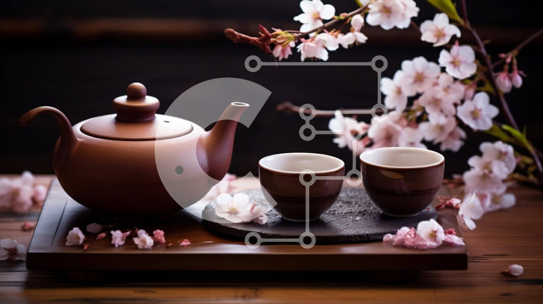 Σετ των 2 Intra Συλλεκτικό Ξύλινο Παζλ Plywood  4mm - Τσαγιέρα και φλιτζάνια με άνθη κερασιάς στο φόντο Σε Ξύλινο Κουτί - Διαστάσεις: 10x10 cm – 25 κομμάτια