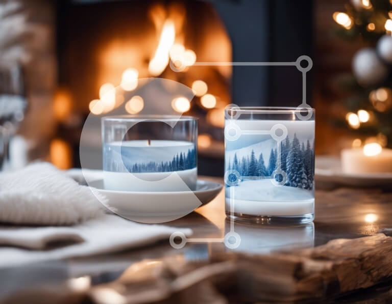 Intra Συλλεκτικό Ξύλινο Παζλ Plywood  4mm - Γυάλινα κεριά σε τραπέζι δίπλα σε ανοιχτό τζάκι Σε Ξύλινο Κουτί - Διαστάσεις: 10x10 cm – 25 κομμάτια