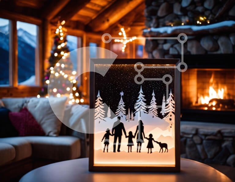 Intra Συλλεκτικό Ξύλινο Παζλ Plywood  4mm - Οικογένεια μπροστά από τη σκηνή τεχνητού χιονιού στο άνετο σαλόνι Σε Ξύλινο Κουτί - Διαστάσεις Puzzle: 10x10 cm – 25 κομμάτια