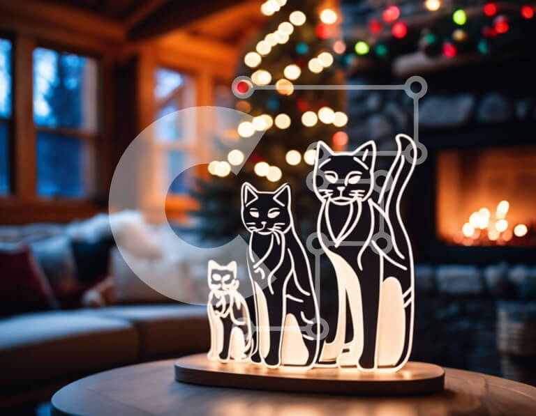 Intra Συλλεκτικό Ξύλινο Παζλ Plywood  4mm - Σιλουέτες γάτες σε τραπέζι με τζάκι στο φόντο Σε Ξύλινο Κουτί - Διαστάσεις Puzzle: 10x10 cm – 25 κομμάτια