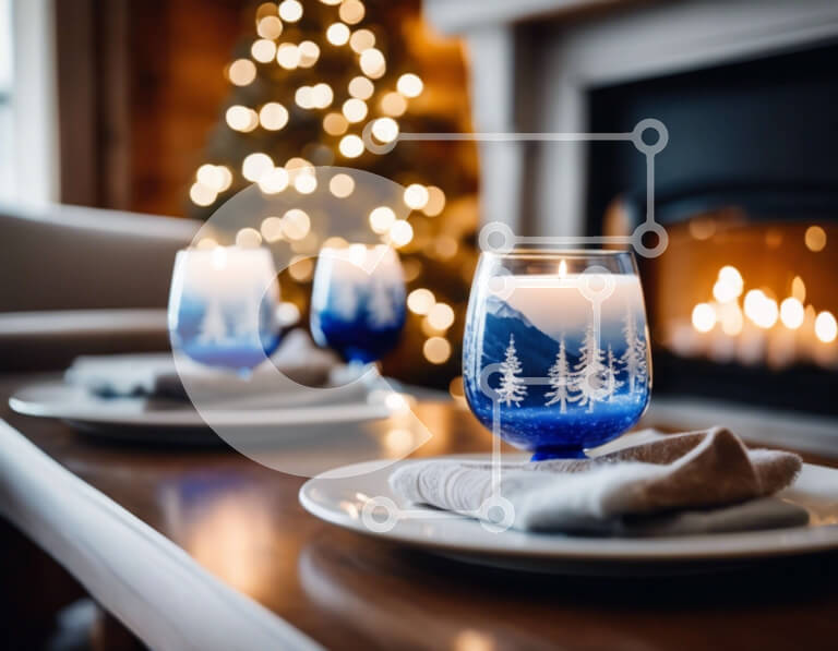 Intra Συλλεκτικό Ξύλινο Παζλ Plywood  4mm - Σετ γιορτινό γιορτινό τραπέζι με μπλε κεριά ποτήρια Σε Ξύλινο Κουτί - Διαστάσεις: 10x10 cm – 25 κομμάτια