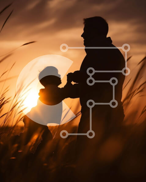 Intra Συλλεκτικό Ξύλινο Παζλ Plywood  4mm - Σιλουέτα ενός άνδρα και ενός παιδιού που παίζουν στο ψηλό γρασίδι στο ηλιοβασίλεμα Σε Ξύλινο Κουτί - Διαστάσεις Puzzle: 10x10 cm – 25 κομμάτια