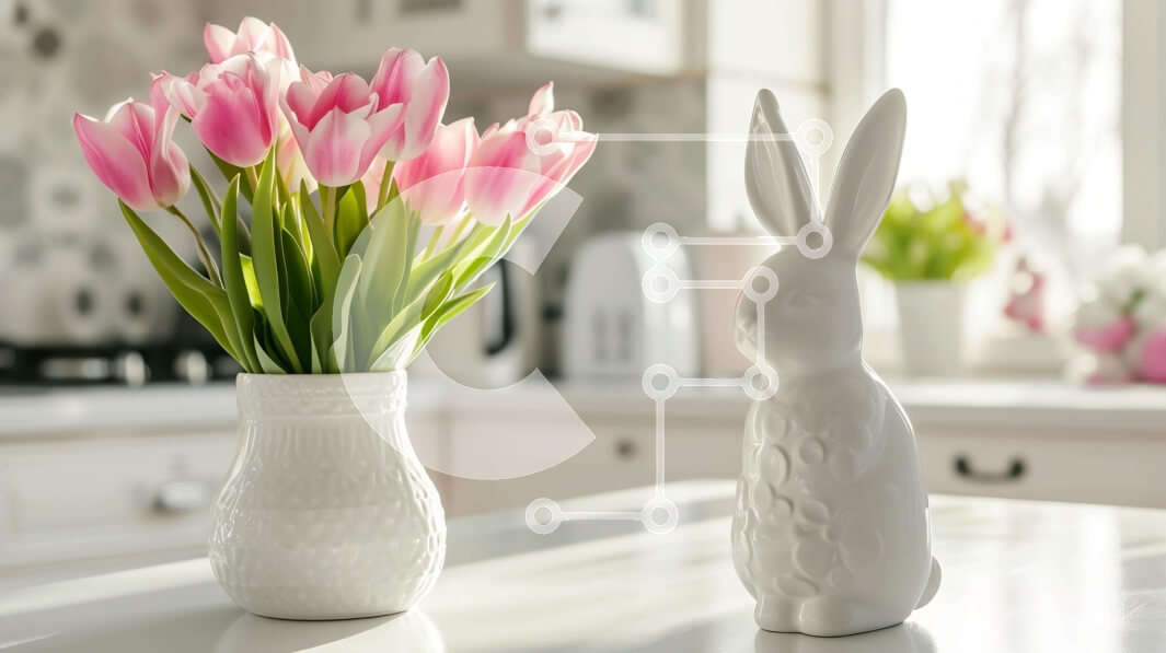 Intra Συλλεκτικό Ξύλινο Παζλ Plywood  4mm - Πασχαλινό λαγουδάκι με ροζ τουλίπες σε λευκό βάζο Σε Ξύλινο Κουτί - Διαστάσεις Puzzle: 10x10 cm – 25 κομμάτια