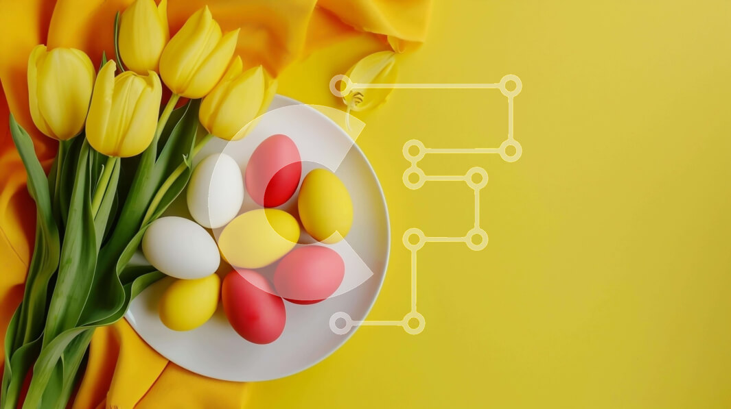 Intra Συλλεκτικό Ξύλινο Παζλ Plywood  4mm - Πολύχρωμα Πασχαλινά αυγά και πιάτο τουλίπες σε κίτρινο φόντο Σε Ξύλινο Κουτί - Διαστάσεις: 10x10 cm – 25 κομμάτια