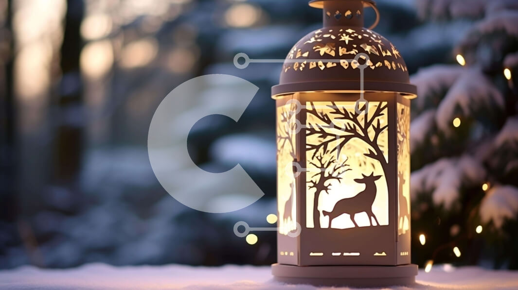 Intra Συλλεκτικό Ξύλινο Παζλ Plywood  4mm - Χειμερινό φανάρι με ελάφια σιλουέτες στο χιόνι Σε Ξύλινο Κουτί - Διαστάσεις Puzzle: 10x10 cm – 25 κομμάτια