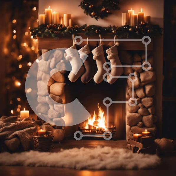 Intra Συλλεκτικό Ξύλινο Παζλ Plywood  4mm - Τζάκι διακοπών με κάλτσες και χριστουγεννιάτικα δέντρα Σε Ξύλινο Κουτί - Διαστάσεις: 10x10 cm – 25 κομμάτια