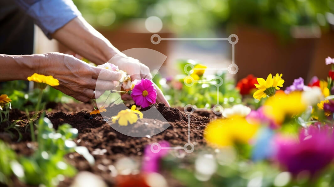 Intra Συλλεκτικό Ξύλινο Παζλ Plywood  4mm - Γυναίκα που κηπουρεύει και φυτεύει λουλούδια σε έναν πολύχρωμο κήπο Σε Ξύλινο Κουτί - Διαστάσεις: 10x10 cm – 25 κομμάτια