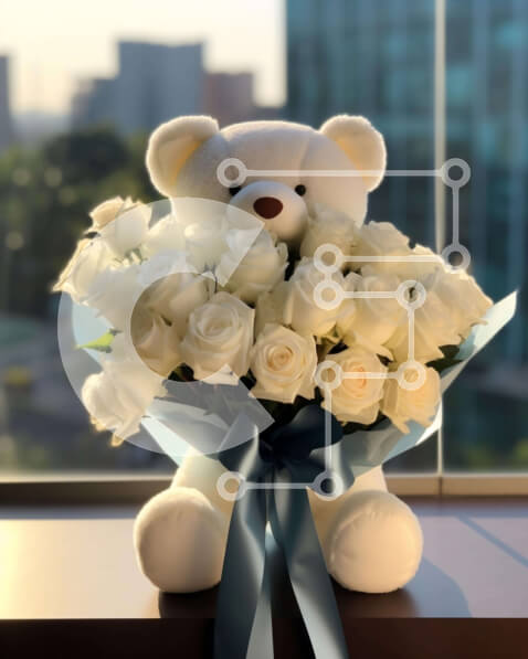 Intra Συλλεκτικό Ξύλινο Παζλ Plywood  4mm - Λευκό αρκουδάκι με λευκά τριαντάφυλλα Σε Ξύλινο Κουτί - Διαστάσεις: 10x10 cm – 25 κομμάτια