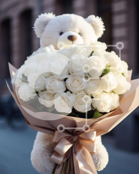 Intra Συλλεκτικό Ξύλινο Παζλ Plywood  4mm - Λευκό αρκουδάκι που κρατά λευκά τριαντάφυλλα Σε Ξύλινο Κουτί - Διαστάσεις Puzzle: 10x10 cm – 25 κομμάτια