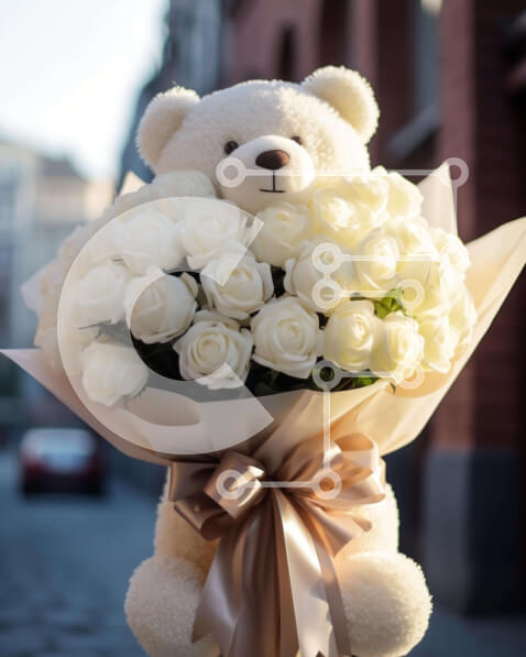 Intra Συλλεκτικό Ξύλινο Παζλ Plywood  4mm - Λευκό αρκουδάκι με μπουκέτο λευκά τριαντάφυλλα Σε Ξύλινο Κουτί - Διαστάσεις Puzzle: 10x10 cm – 25 κομμάτια