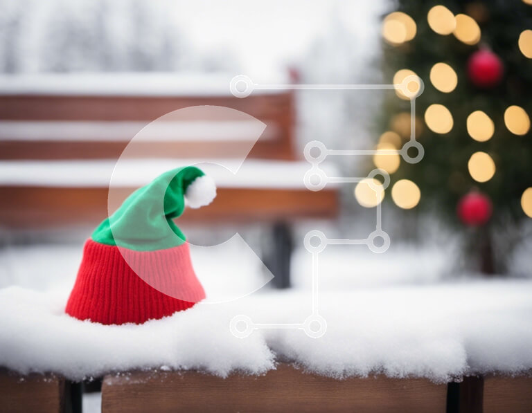 Intra Συλλεκτικό Ξύλινο Παζλ Plywood  4mm - Πράσινο και κόκκινο καπέλο Άγιου Βασίλη σε χιονισμένο πάγκο με χριστουγεννιάτικα φώτα Σε Ξύλινο Κουτί - Διαστάσεις: 10x10 cm – 25 κομμάτια