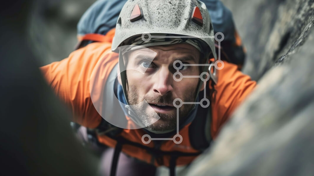 Intra Συλλεκτικό Ξύλινο Παζλ Plywood  4mm - Άνδρας που αναρριχείται σε βράχο φορώντας πορτοκαλί σακάκι αναρρίχησης και κράνος Σε Ξύλινο Κουτί - Διαστάσεις Puzzle: 10x10 cm – 25 κομμάτια