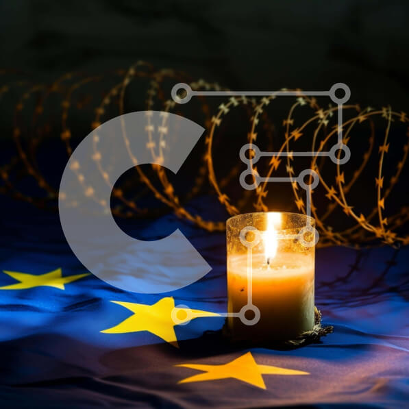 Intra Συλλεκτικό Ξύλινο Παζλ Plywood  4mm - Κερί σε συρματοπλέγματα μπροστά από τη σημαία της ΕΕ Σε Ξύλινο Κουτί - Διαστάσεις Puzzle: 10x10 cm – 25 κομμάτια