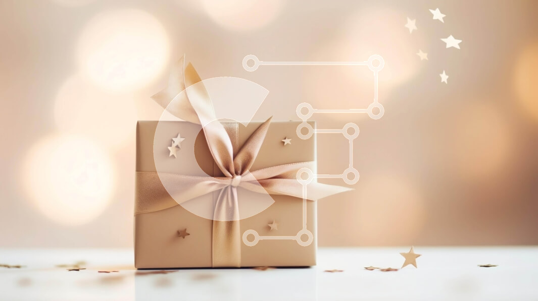 Intra Συλλεκτικό Ξύλινο Παζλ Plywood  4mm - Καφέ κουτί δώρου με χρυσή κορδέλα και αστέρια σε φόντο Bokeh Σε Ξύλινο Κουτί - Διαστάσεις Puzzle: 10x10 cm – 25 κομμάτια