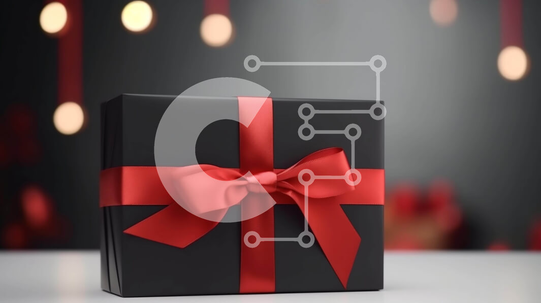 Intra Συλλεκτικό Ξύλινο Παζλ Plywood  4mm - Μαύρο κουτί δώρου με κόκκινη κορδέλα και πολύχρωμα φώτα φόντο Σε Ξύλινο Κουτί - Διαστάσεις: 10x10 cm – 25 κομμάτια