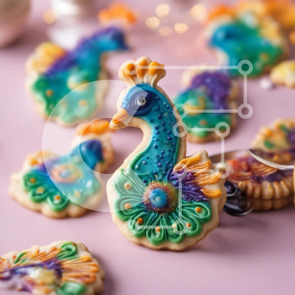 Σετ των 2 Intra Συλλεκτικό Ξύλινο Παζλ Plywood  4mm - Πολύχρωμα μπισκότα παγωνιού σε ροζ φόντο Σε Ξύλινο Κουτί - Διαστάσεις: 10x10 cm – 25 κομμάτια