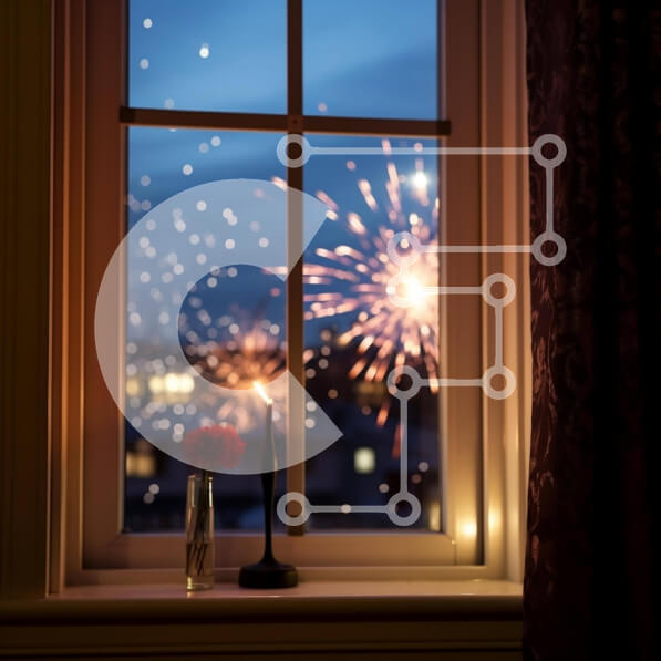 Intra Συλλεκτικό Ξύλινο Παζλ Plywood  4mm - Παράθυρο με θέα πυροτεχνήματα και διακοσμητικά αντικείμενα Σε Ξύλινο Κουτί - Διαστάσεις: 10x10 cm – 25 κομμάτια