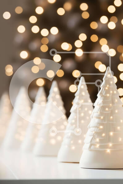 Intra Συλλεκτικό Ξύλινο Παζλ Plywood  4mm - Λευκά κεραμικά στολίδια χριστουγεννιάτικων δέντρων σε φωτισμένο φόντο Σε Ξύλινο Κουτί - Διαστάσεις: 10x10 cm – 25 κομμάτια