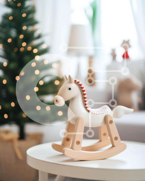 Intra Συλλεκτικό Ξύλινο Παζλ Plywood  4mm - Λευκό παιχνίδι αλόγων που κουνιέται δίπλα στο χριστουγεννιάτικο δέντρο Σε Ξύλινο Κουτί - Διαστάσεις Puzzle: 10x10 cm – 25 κομμάτια