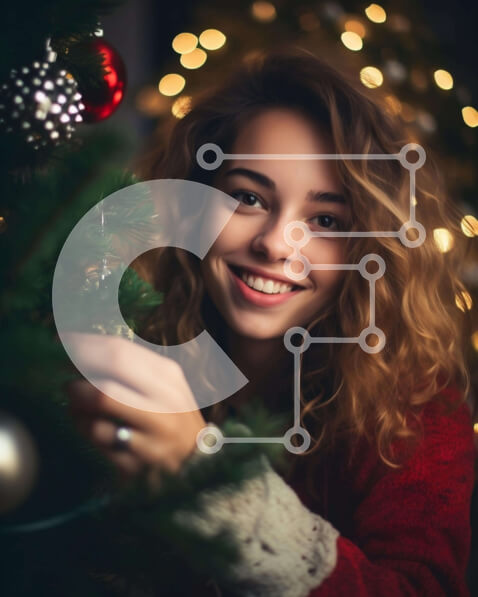 Intra Συλλεκτικό Ξύλινο Παζλ Plywood  4mm - Νεαρή γυναίκα με κόκκινο πουλόβερ που διακοσμεί ένα χριστουγεννιάτικο δέντρο με στολίδια Σε Ξύλινο Κουτί - Διαστάσεις: 10x10 cm – 25 κομμάτια