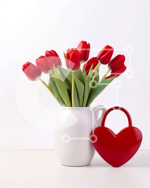 Intra Συλλεκτικό Ξύλινο Παζλ Plywood  4mm - Κόκκινες τουλίπες σε λευκό βάζο με κλειδαριά σε σχήμα καρδιάς Σε Ξύλινο Κουτί - Διαστάσεις Puzzle: 10x10 cm – 25 κομμάτια