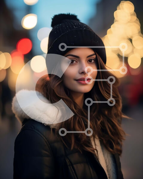 Intra Συλλεκτικό Ξύλινο Παζλ Plywood  4mm - Νεαρή γυναίκα με ασπρόμαυρη ενδυμασία που στέκεται μπροστά από ένα φωτισμένο αστικό τοπίο τη νύχτα Σε Ξύλινο Κουτί - Διαστάσεις Puzzle: 10x10 cm – 25 κομμάτια