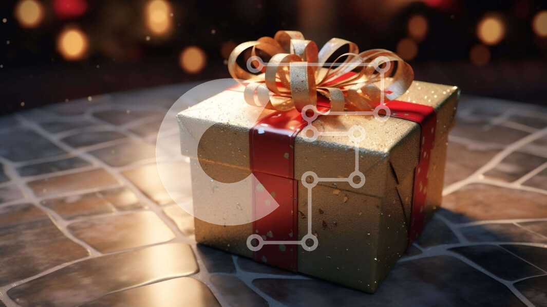 Intra Συλλεκτικό Ξύλινο Παζλ Plywood  4mm - Χρυσό κουτί δώρου με κόκκινη κορδέλα σε διακοσμημένο δάπεδο με πλακάκια Σε Ξύλινο Κουτί - Διαστάσεις: 10x10 cm – 25 κομμάτια