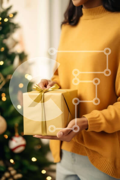 Intra Συλλεκτικό Ξύλινο Παζλ Plywood  4mm - Γυναίκα που κρατά ένα κουτί δώρου δίπλα σε ένα χριστουγεννιάτικο δέντρο Σε Ξύλινο Κουτί - Διαστάσεις: 10x10 cm – 25 κομμάτια