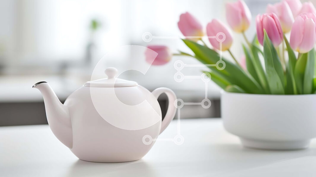 Intra Συλλεκτικό Ξύλινο Παζλ Plywood  4mm - Λευκή τσαγιέρα και ροζ τουλίπες σε τραπέζι με λευκό βάζο Σε Ξύλινο Κουτί - Διαστάσεις: 10x10 cm – 25 κομμάτια