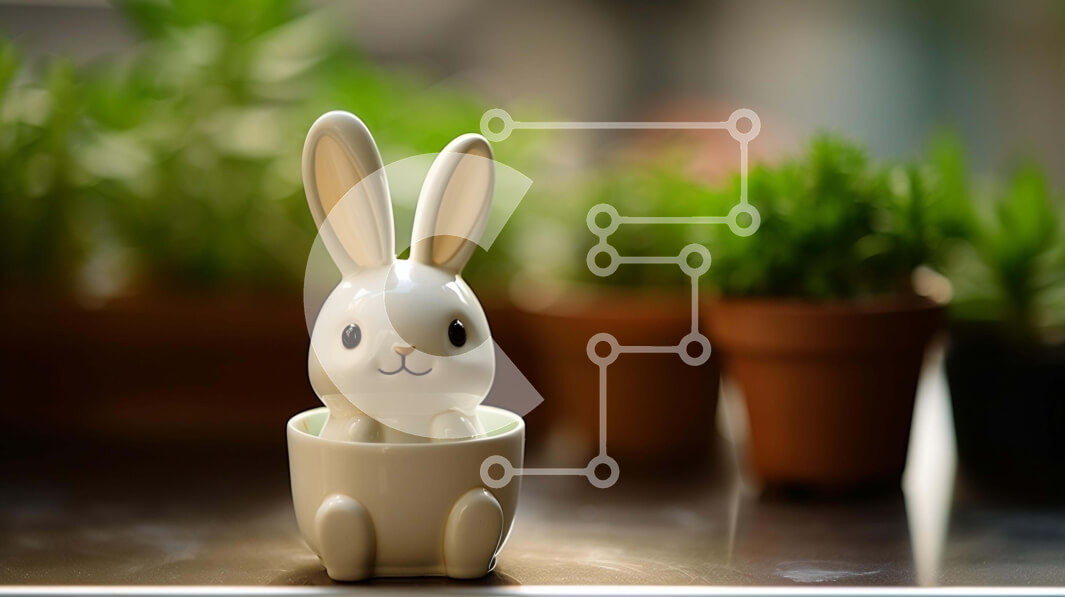 Intra Συλλεκτικό Ξύλινο Παζλ Plywood  4mm - Λευκό ειδώλιο λαγουδάκι σε κύπελλο σε σχήμα αυγού ανάμεσα σε φυτά σε γλάστρες Σε Ξύλινο Κουτί - Διαστάσεις: 10x10 cm – 25 κομμάτια